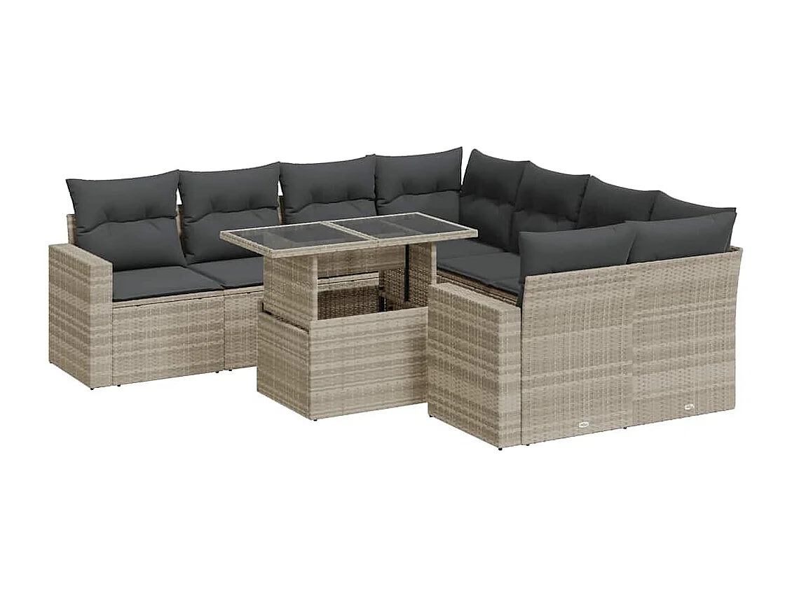 Salon de jardin 9 pcs avec coussins gris clair résine tressée