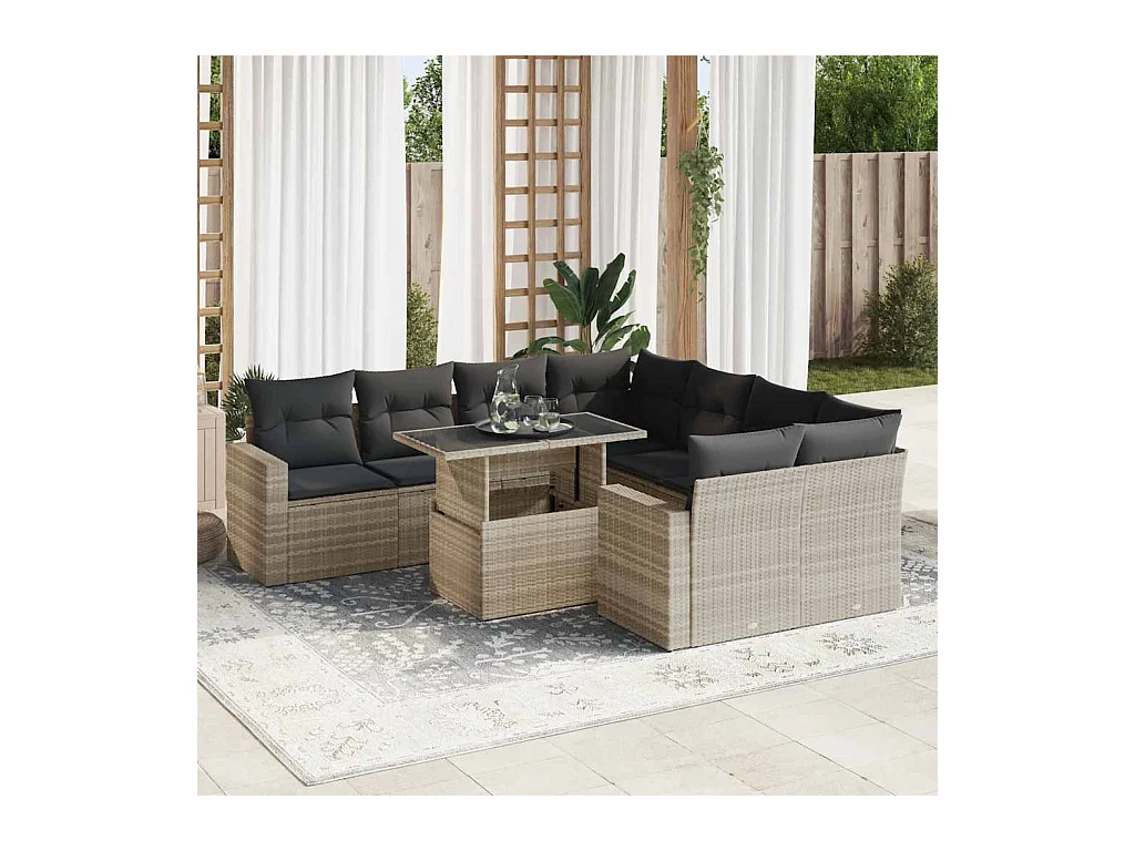 Salon de jardin 9 pcs avec coussins gris clair résine tressée