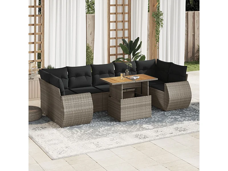 Salon de jardin 8 pcs avec coussins gris résine tressée