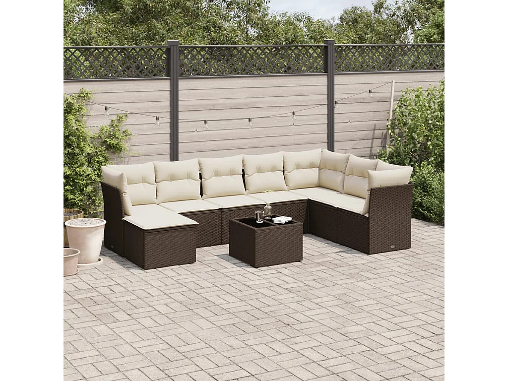 9-tlg. Garten-Sofagarnitur mit Kissen Braun Poly Rattan