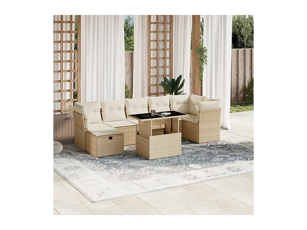 Salon de jardin avec coussins 8 pcs beige résine tressée