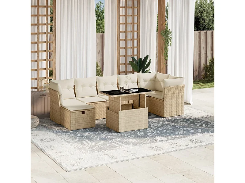 Salon de jardin avec coussins 8 pcs beige résine tressée