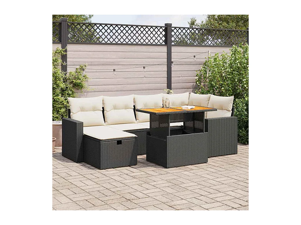 Salon de jardin avec coussins 8 pcs noir résine tressée acacia