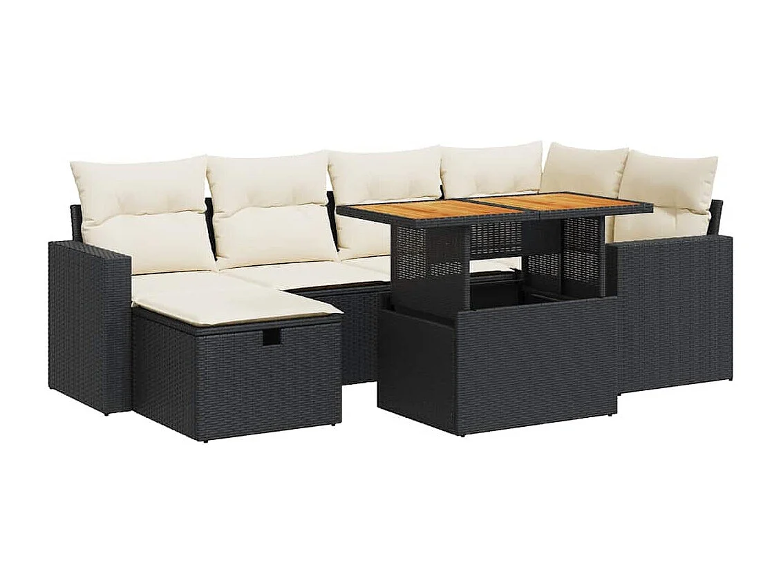 Salon de jardin avec coussins 8 pcs noir résine tressée acacia
