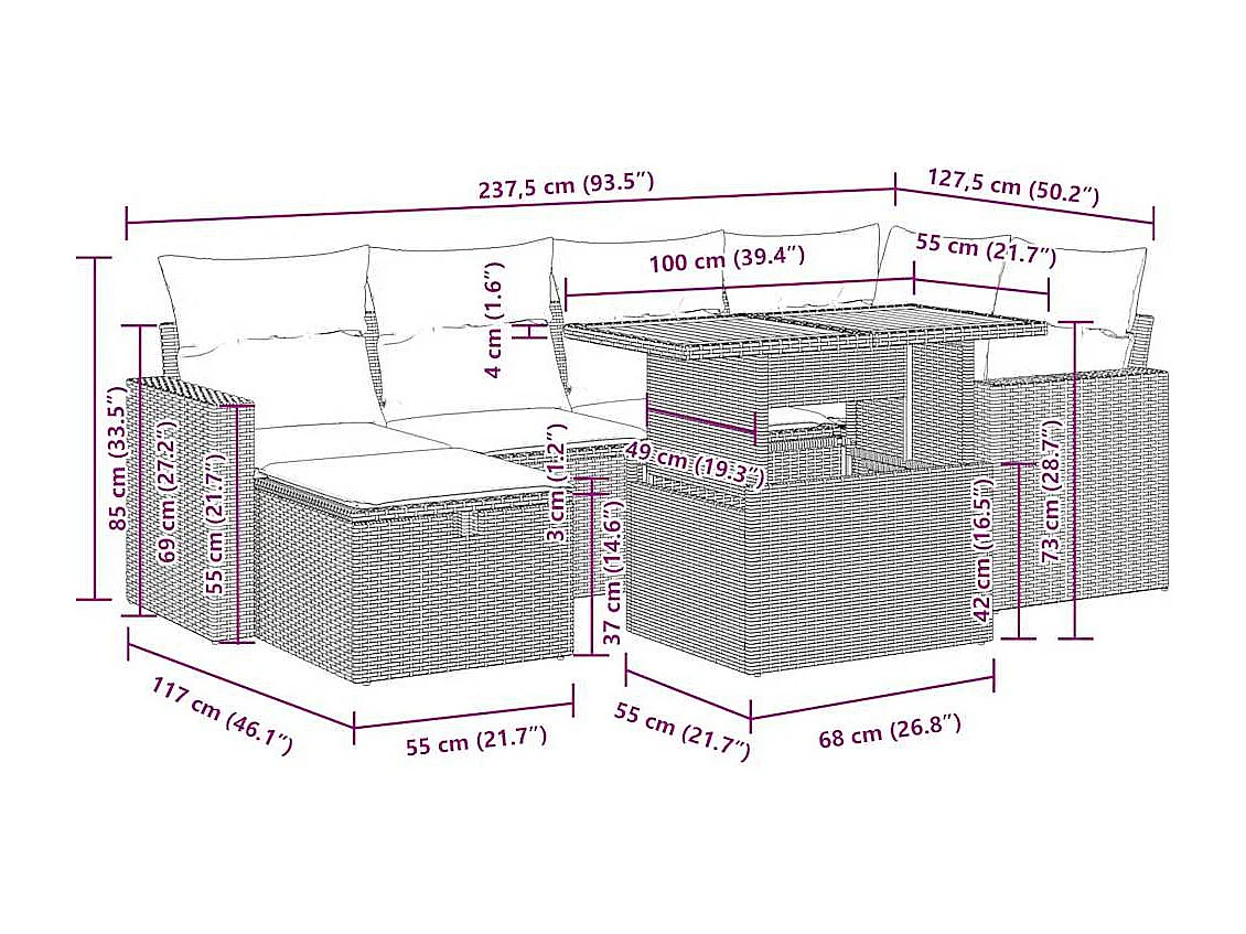 Salon de jardin avec coussins 8 pcs noir résine tressée acacia