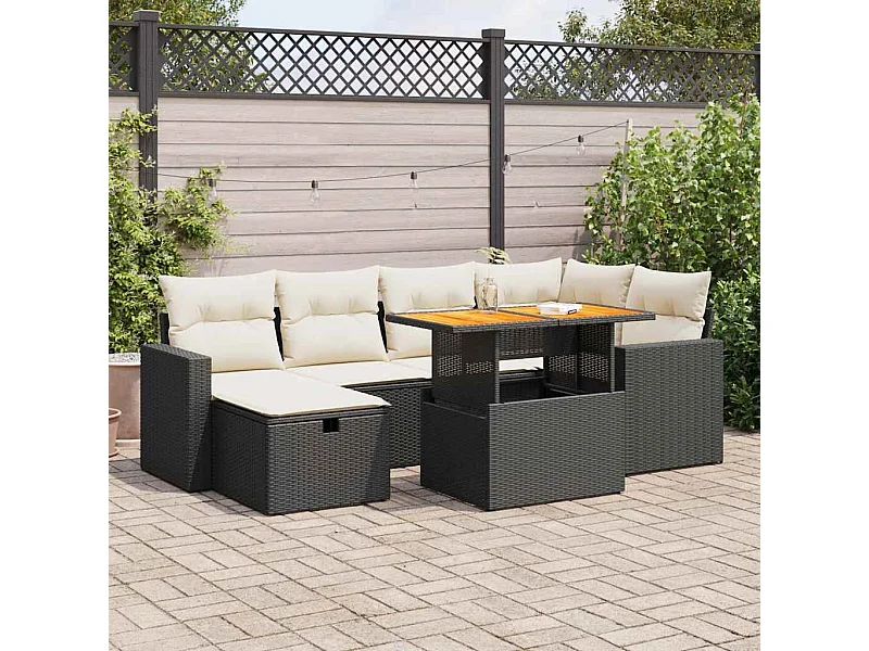 Salon de jardin avec coussins 8 pcs noir résine tressée acacia