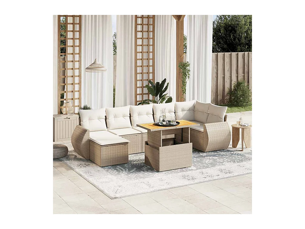 Salon de jardin avec coussins 8 pcs beige résine tressée