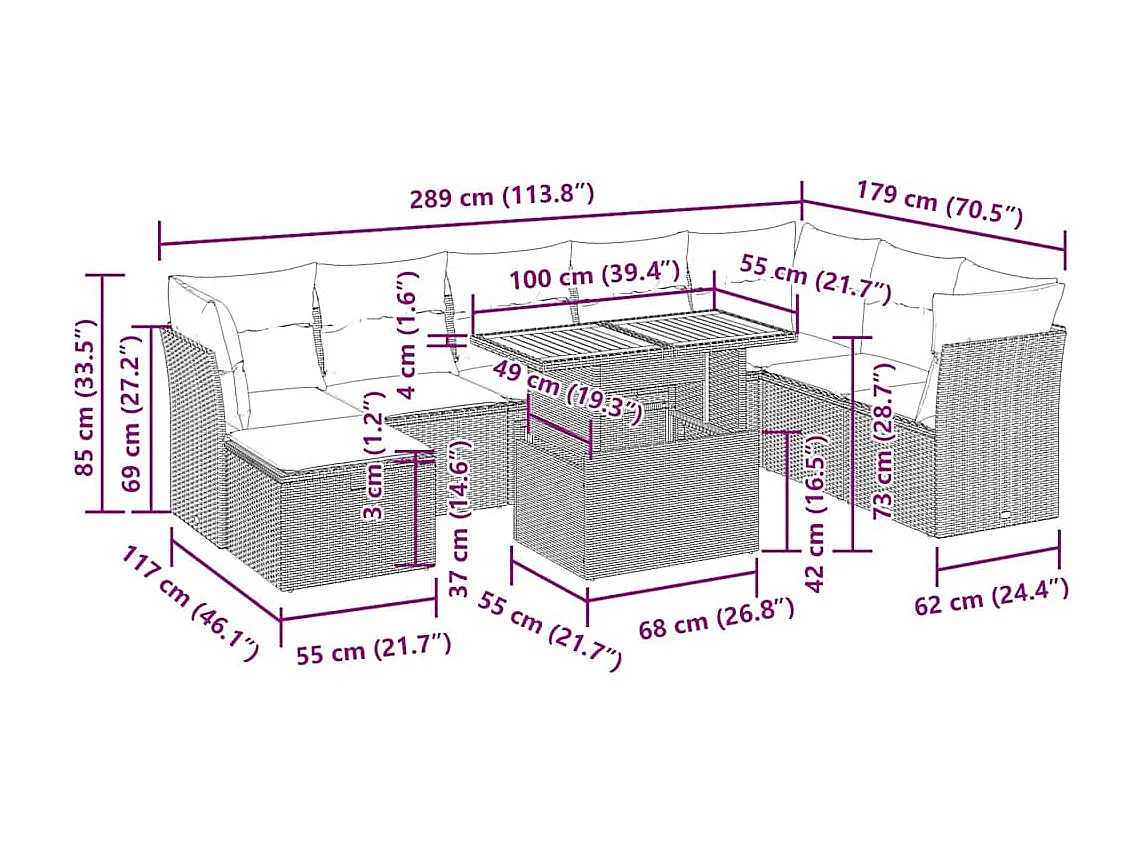 Salon de jardin avec coussins 9 pcs beige résine tressée acacia