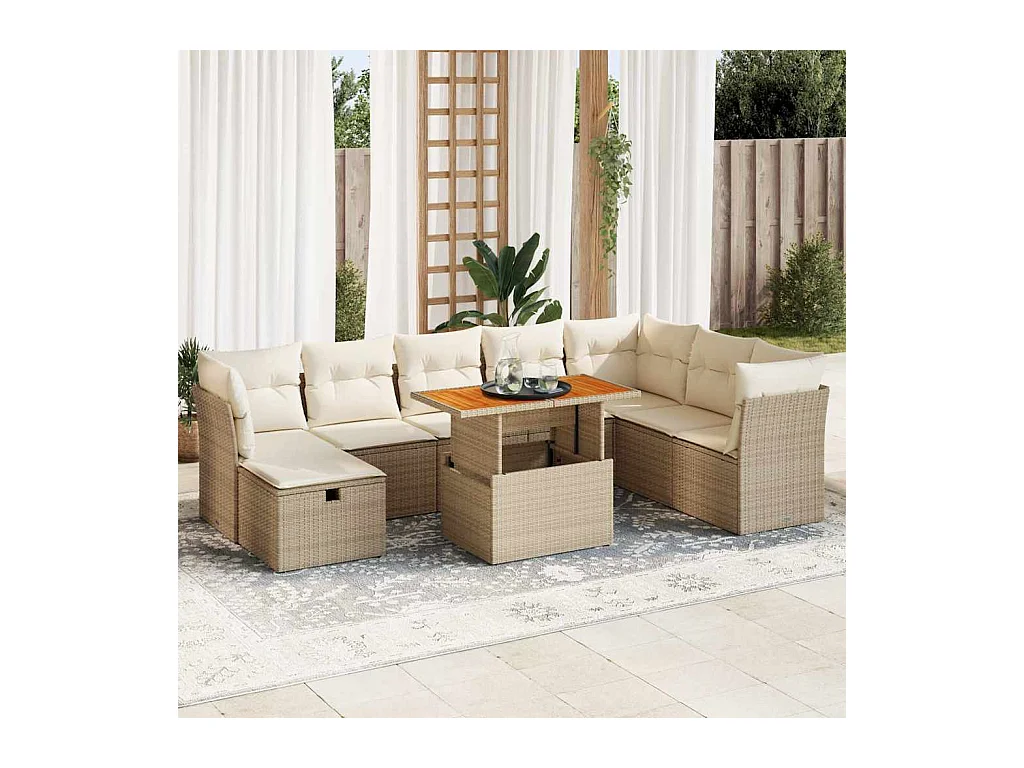 9 pcs conjunto sofás jardim com almofadões vime PE/acácia bege