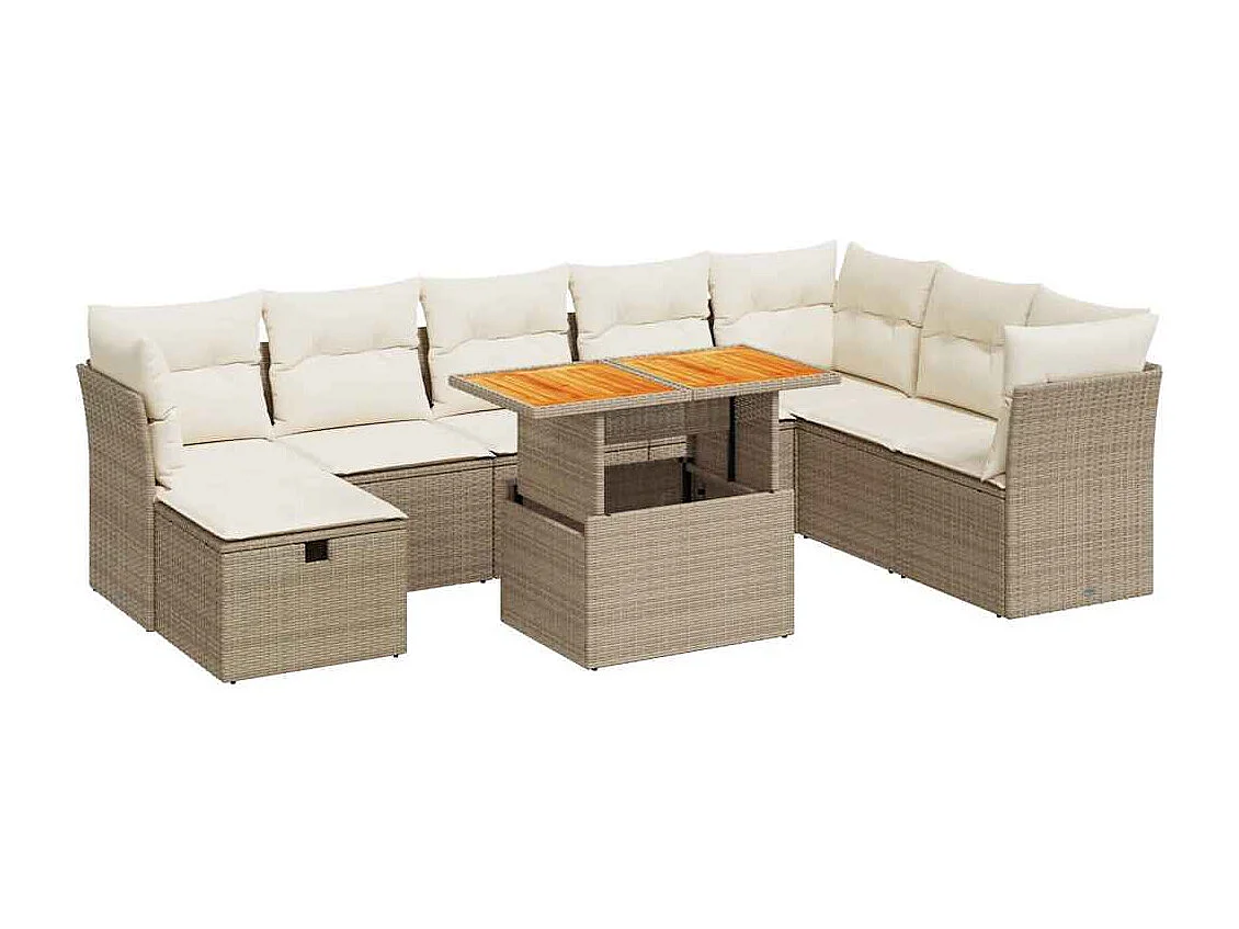 Salon de jardin avec coussins 9 pcs beige résine tressée acacia