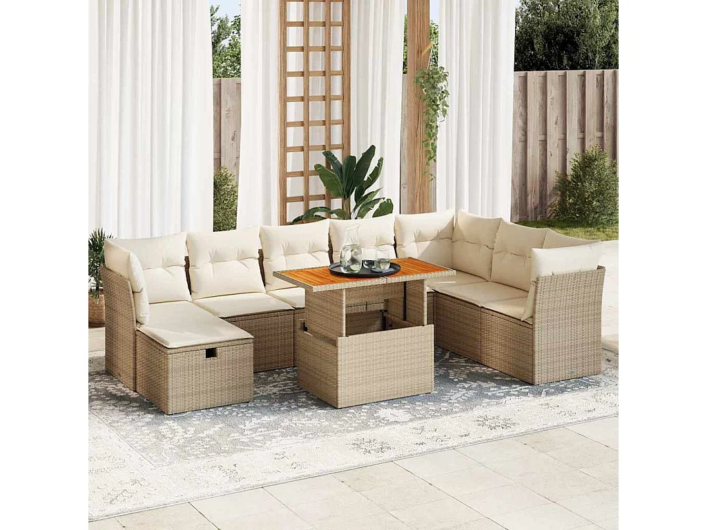 Set sofás jardín y cojines 9 pzas ratán sintético acacia beige