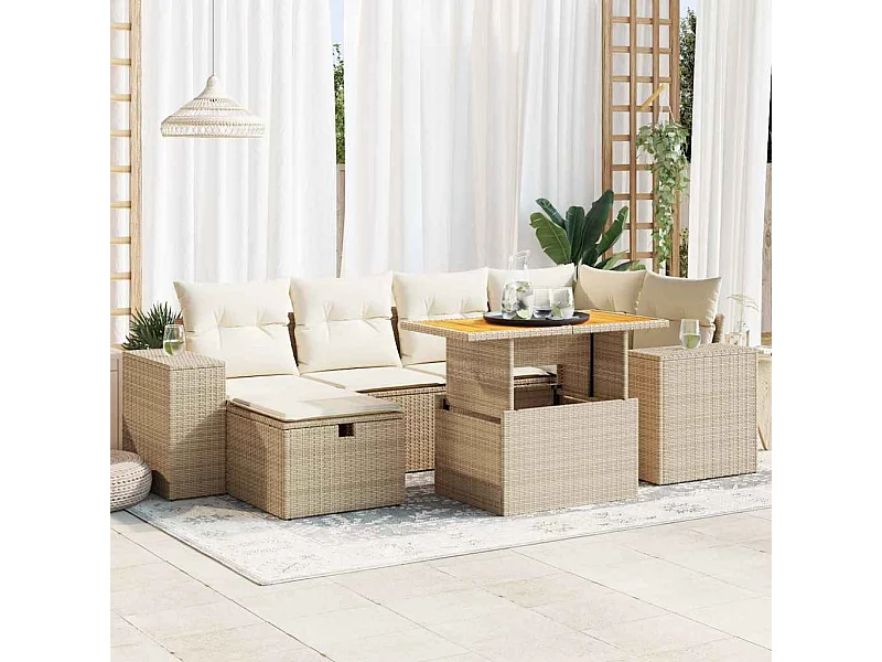 8-tlg. Garten-Sofagarnitur mit Kissen Beige Poly Rattan Akazie