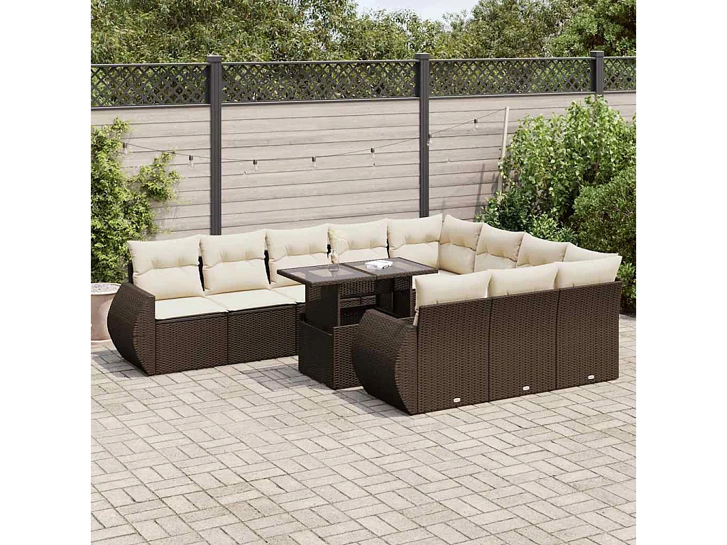 11-tlg. Garten-Sofagarnitur mit Kissen Braun Poly Rattan
