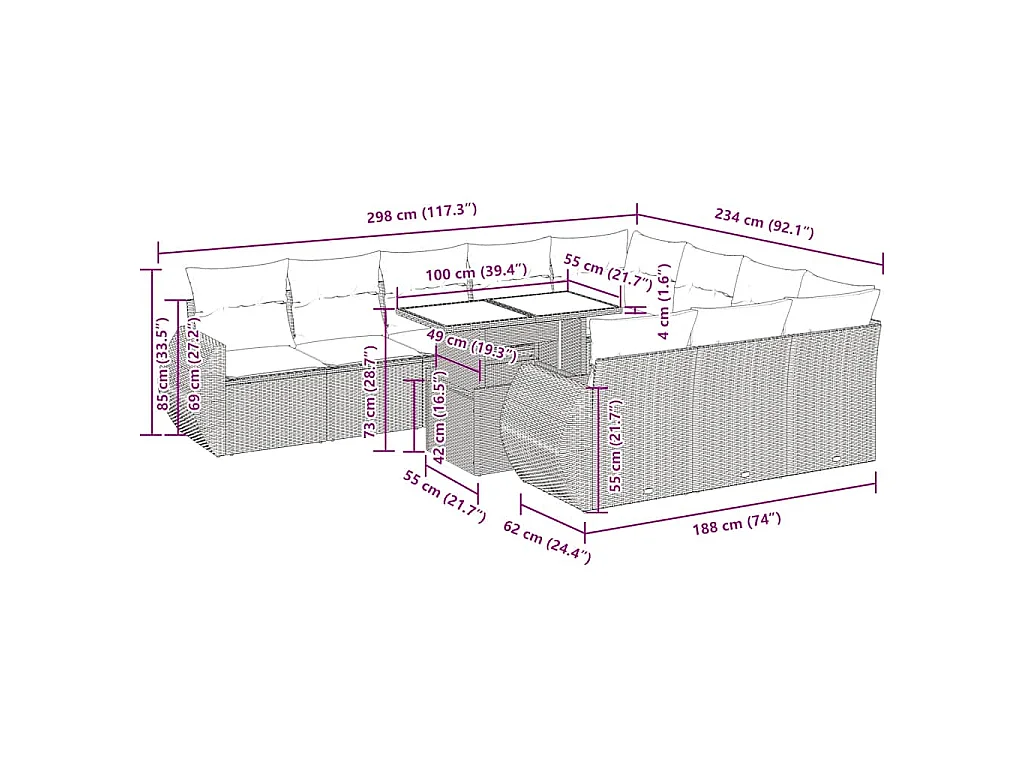 11-tlg. Garten-Sofagarnitur mit Kissen Braun Poly Rattan