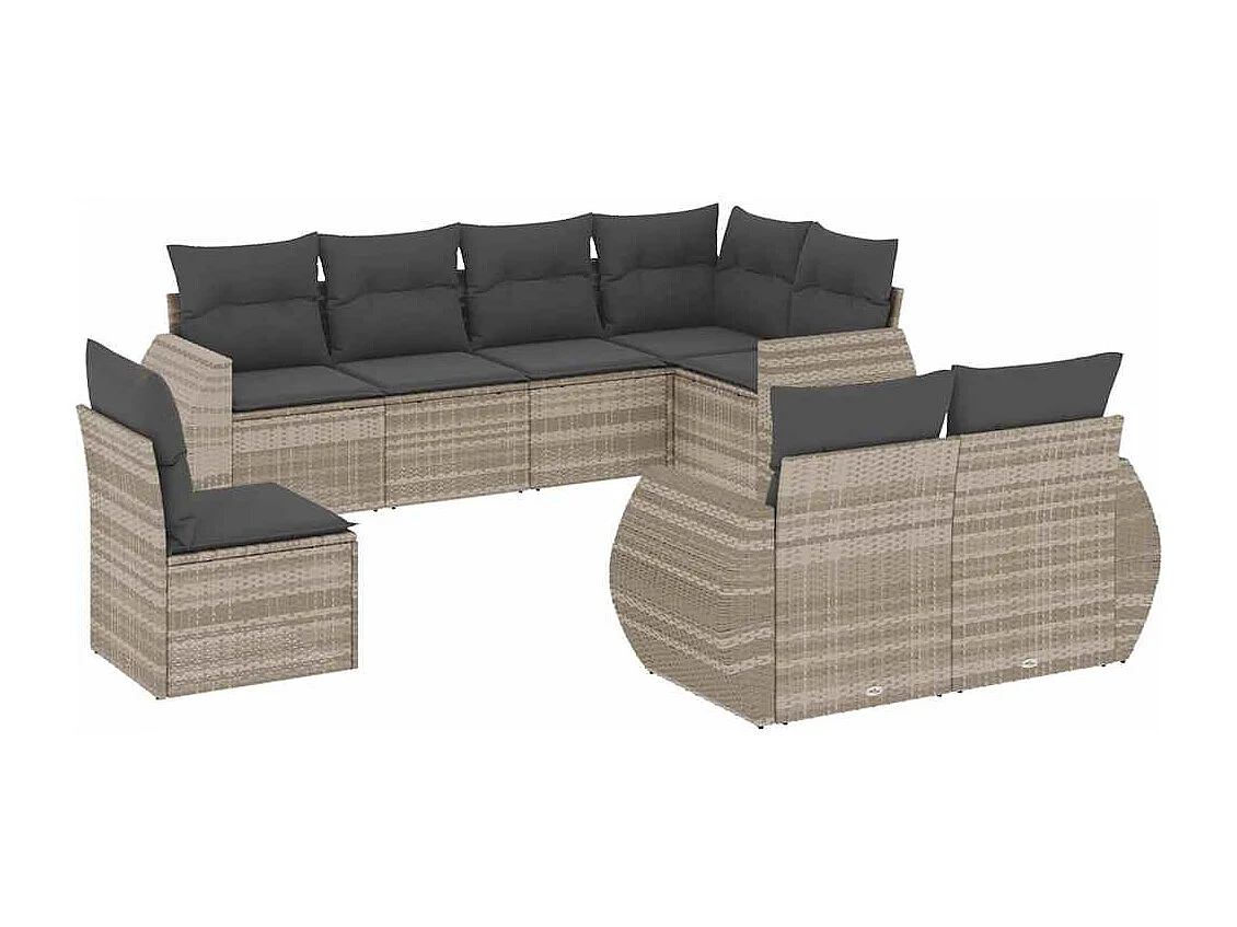 8-tlg. Garten-Sofagarnitur mit Kissen Hellgrau Poly Rattan