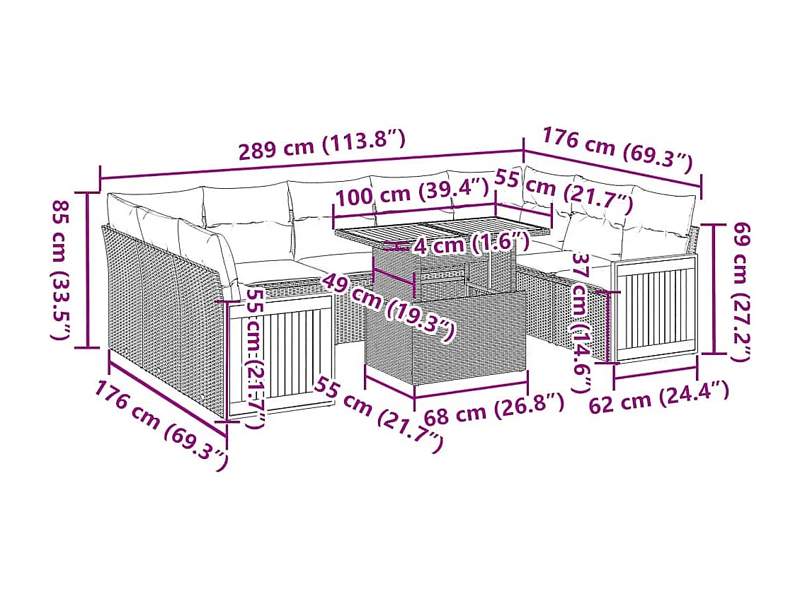 10 pcs conjunto sofás jardim c/ almofadões vime PE/acácia preto