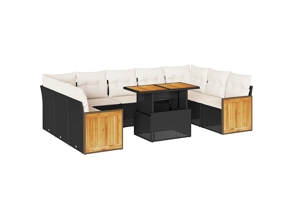 Set Divani Giardino 10pz con Cuscini Nero in Polyrattan Acacia
