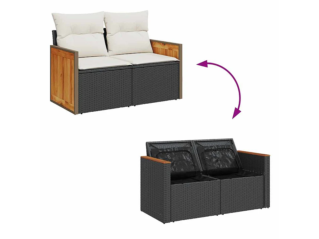 Set Divani Giardino 10pz con Cuscini Nero in Polyrattan Acacia
