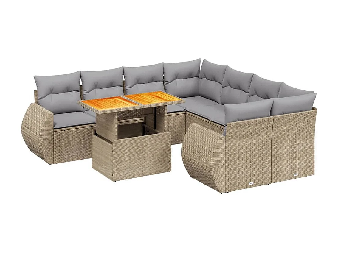 Salon de jardin avec coussins 9 pcs beige résine tressée