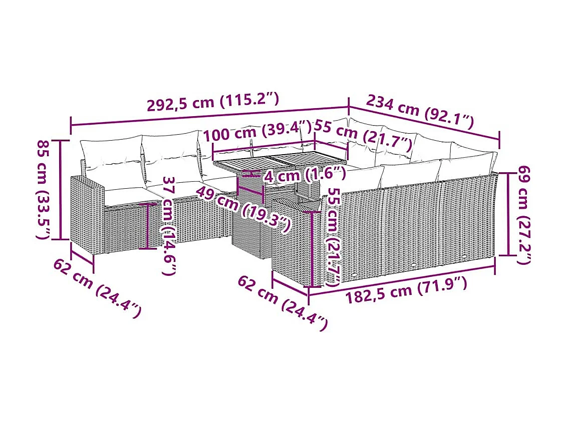 Salon de jardin 11 pcs avec coussins gris résine tressée
