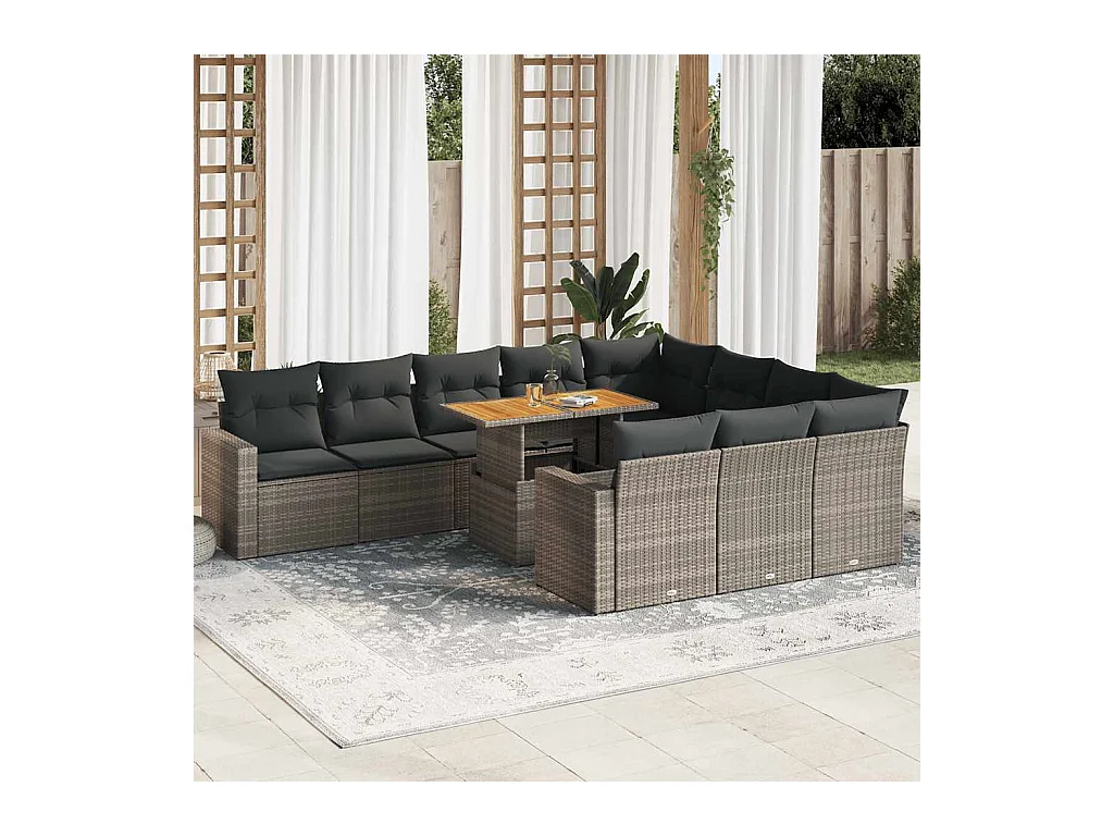 Salon de jardin 11 pcs avec coussins gris résine tressée