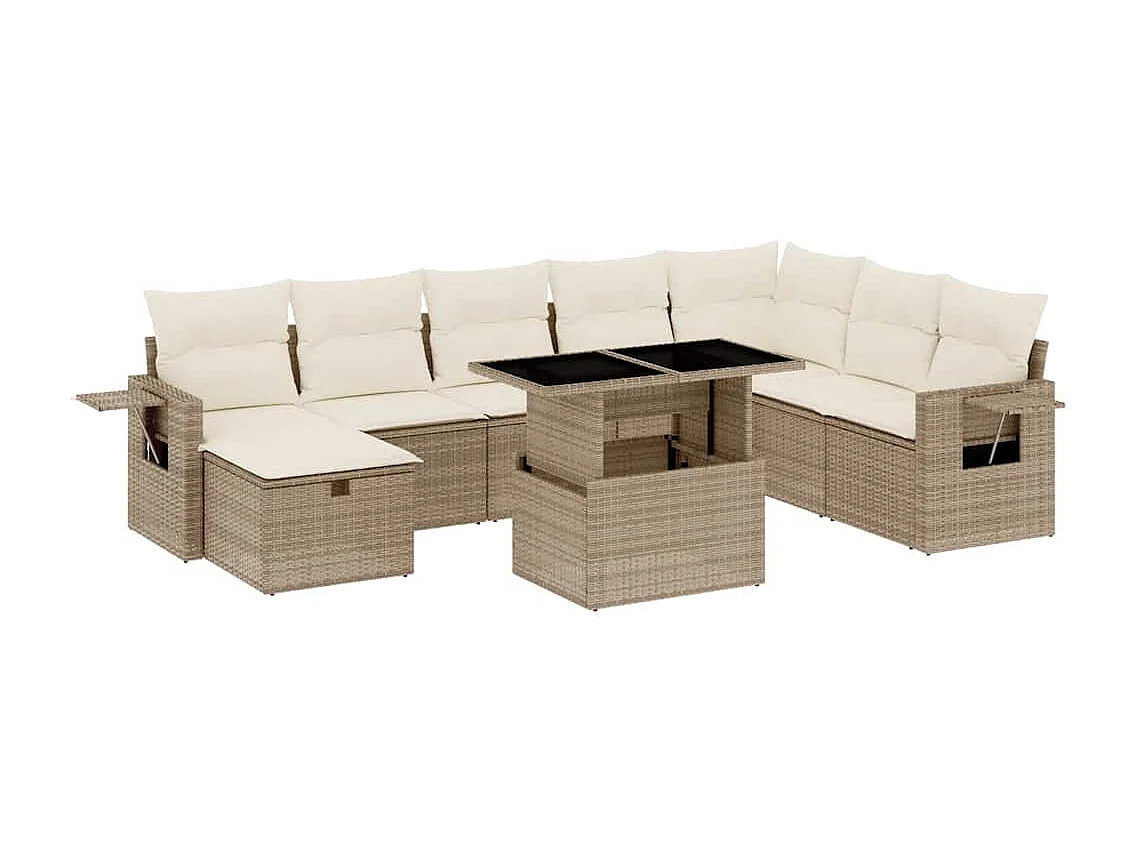 Salon de jardin avec coussins 9 pcs beige résine tressée