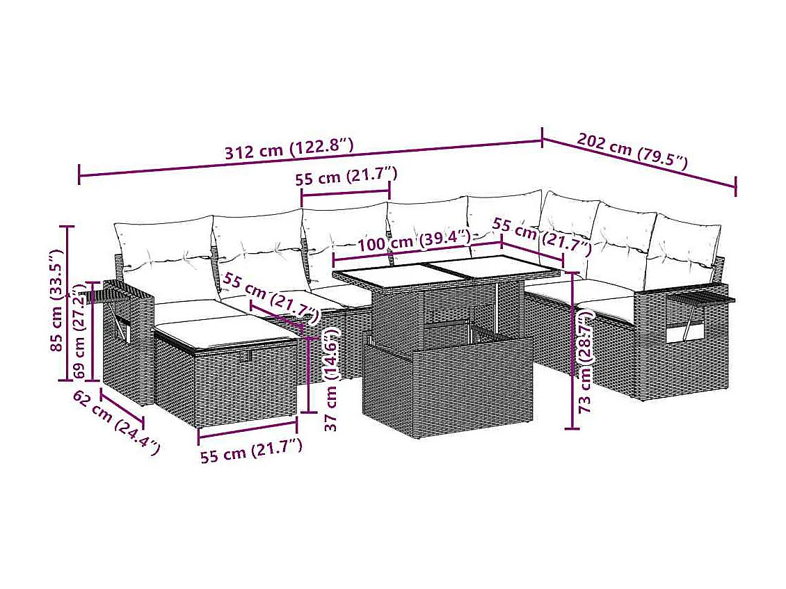 Salon de jardin avec coussins 9 pcs beige résine tressée
