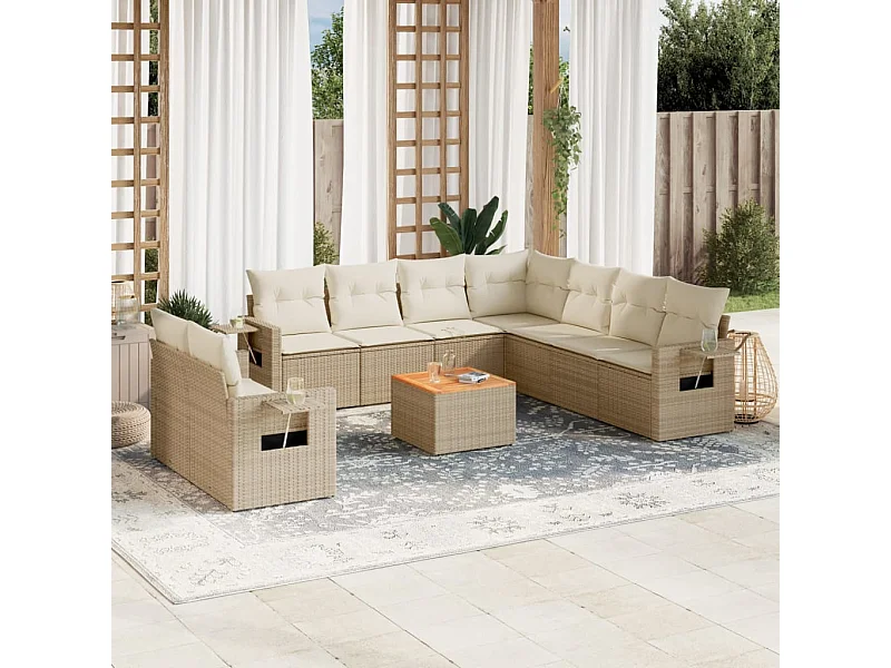 Salon de jardin avec coussins 10 pcs beige résine tressée