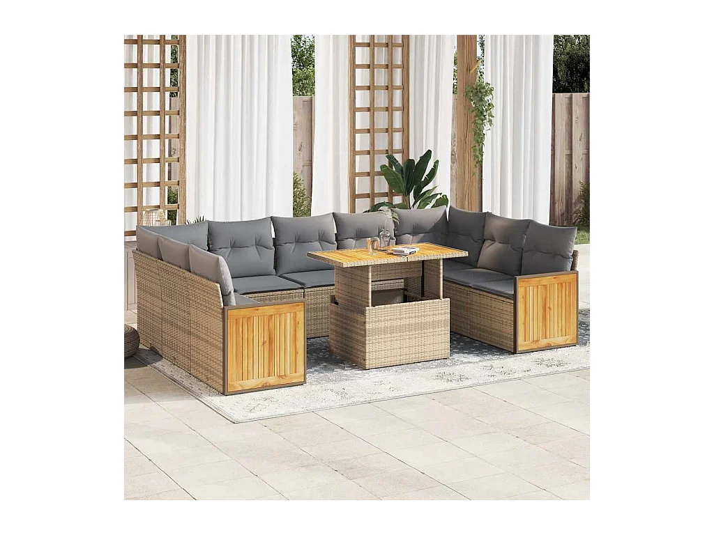 Divano da Giardino 10 pz con Cuscini Beige in Polyrattan Acacia
