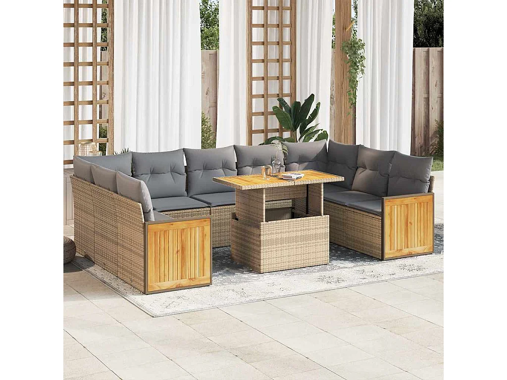 10-tlg. Garten-Sofagarnitur mit Kissen Beige Poly Rattan Akazie