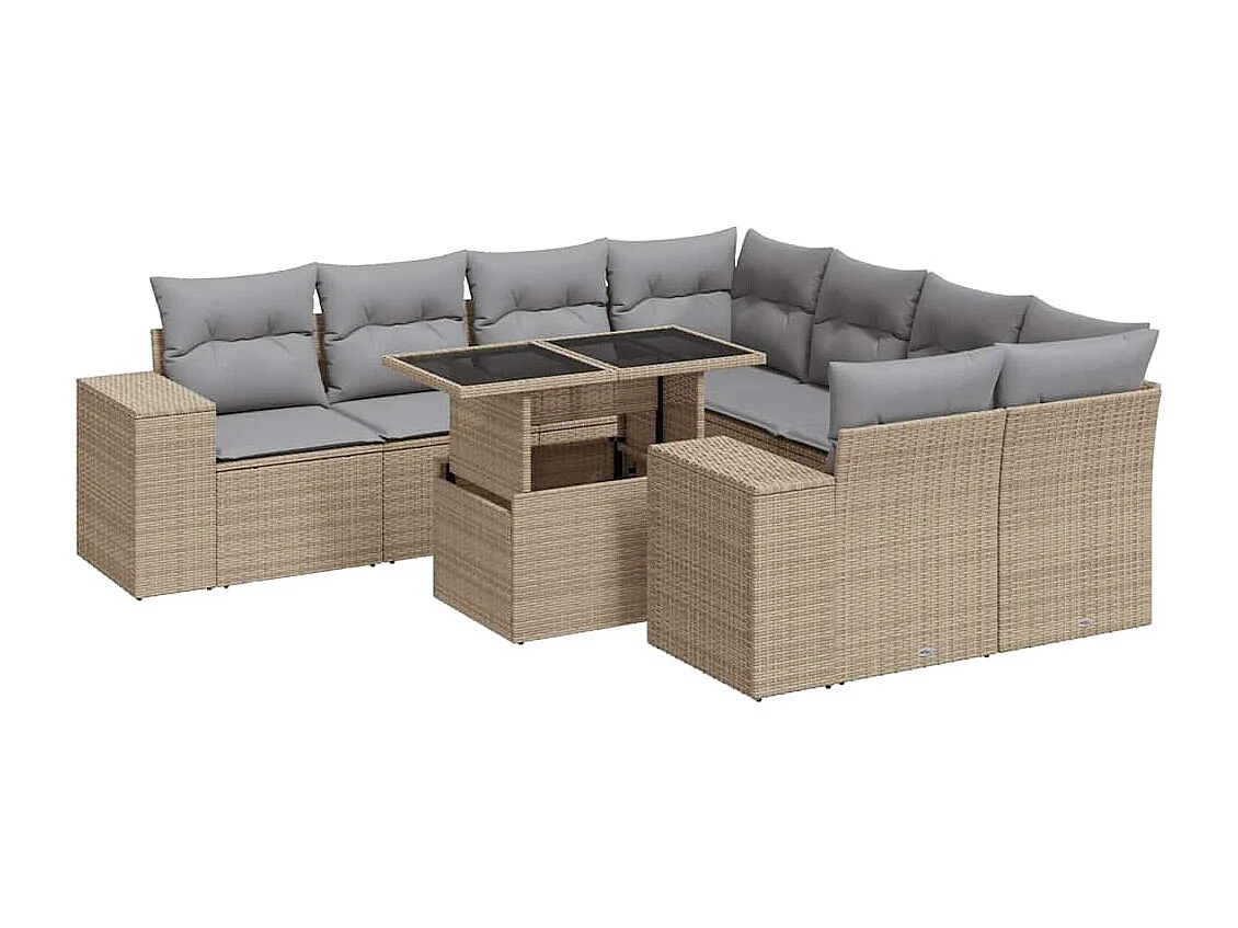 Salon de jardin avec coussins 9 pcs beige résine tressée
