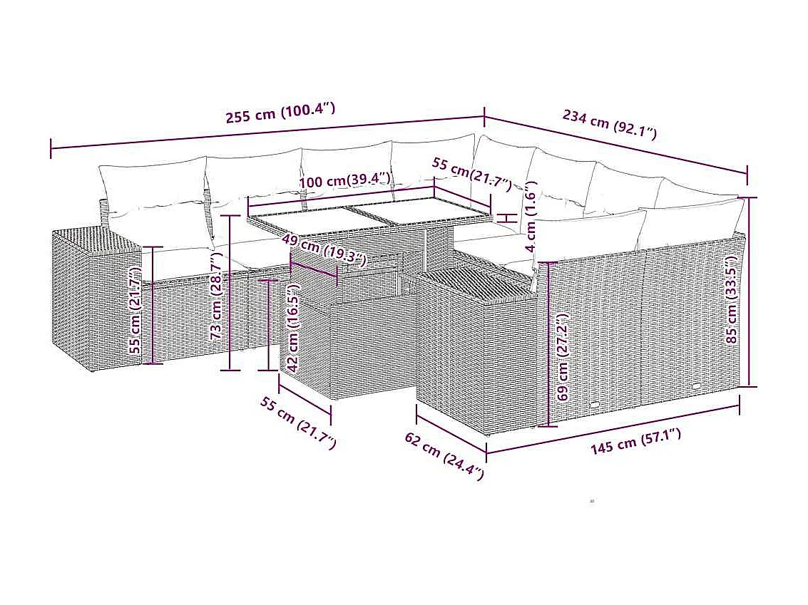 Salon de jardin avec coussins 9 pcs beige résine tressée