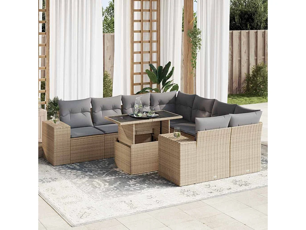 Salon de jardin avec coussins 9 pcs beige résine tressée