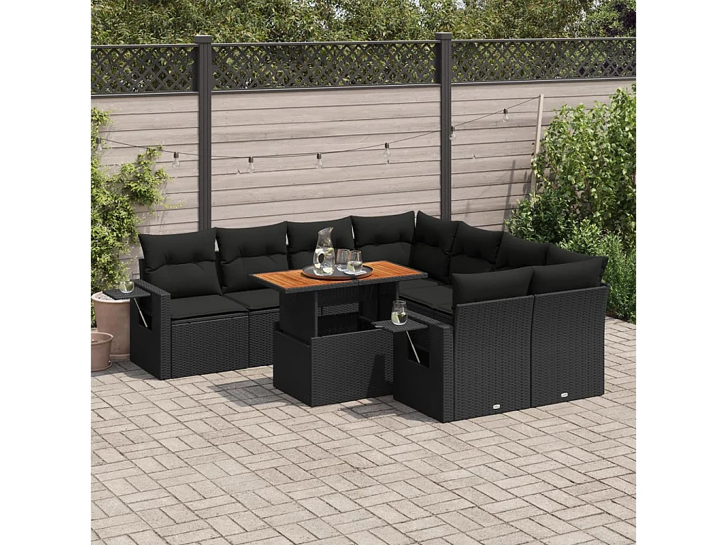 Set Divani da Giardino 9 pz con Cuscini Nero in Polyrattan