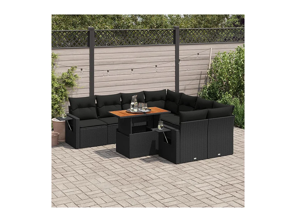 Salon de jardin 9 pcs avec coussins noir résine tressée