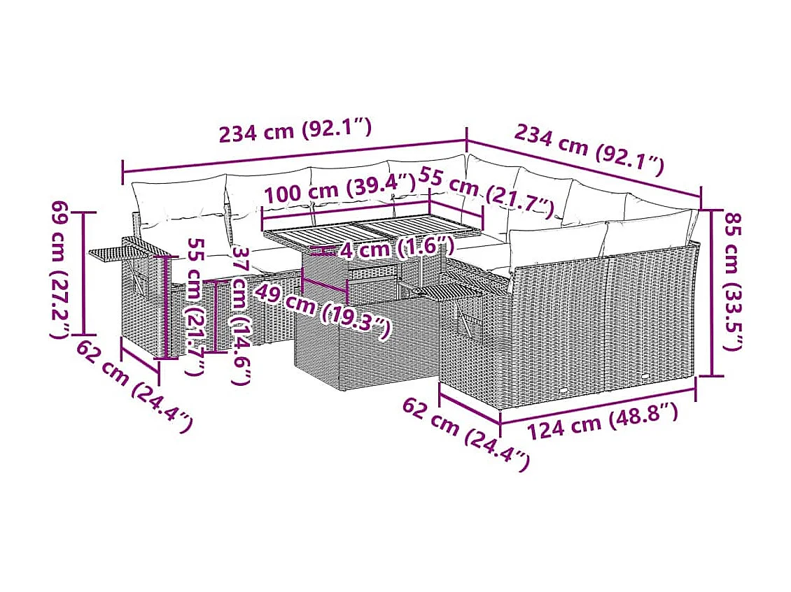 9 pcs conjunto de sofás p/ jardim c/ almofadões vime PE preto