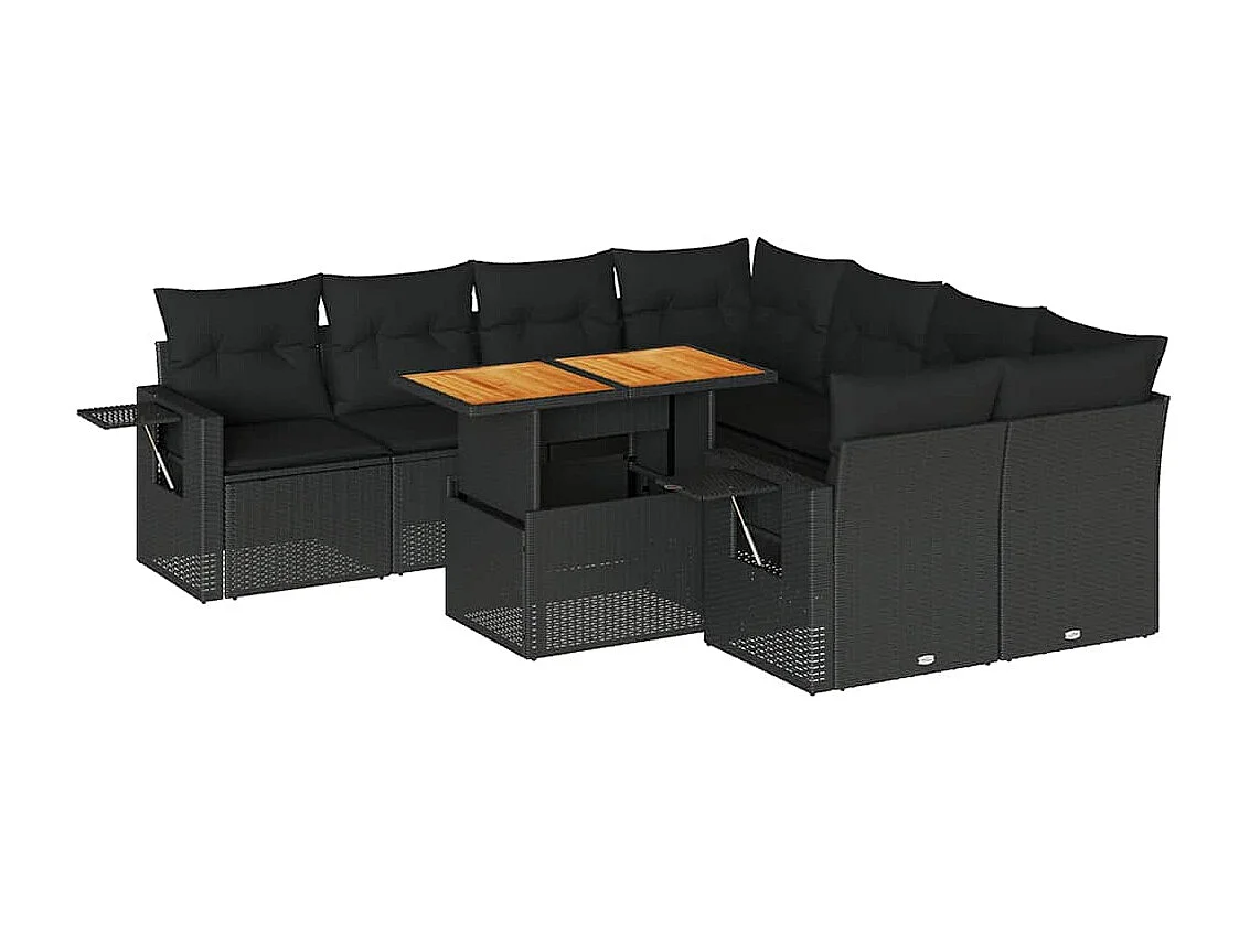9-tlg. Garten-Sofagarnitur mit Kissen Schwarz Poly Rattan