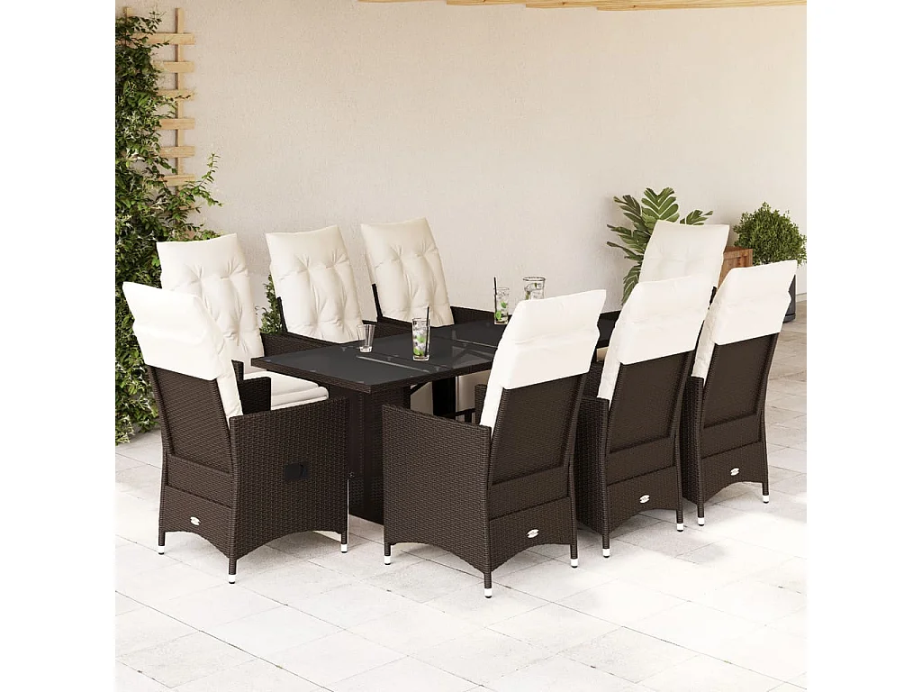 9-delige Bistroset met kussens poly rattan bruin