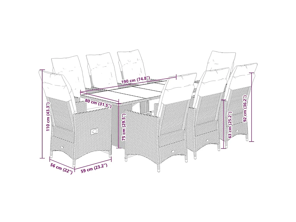 9-delige Bistroset met kussens poly rattan bruin