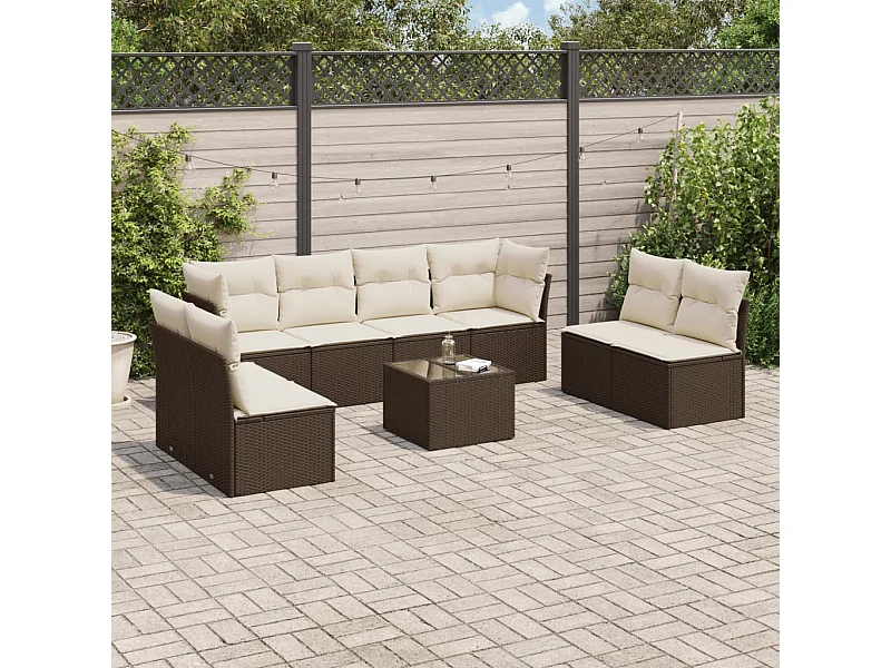 Salon de jardin avec coussins 9 pcs marron résine tressée