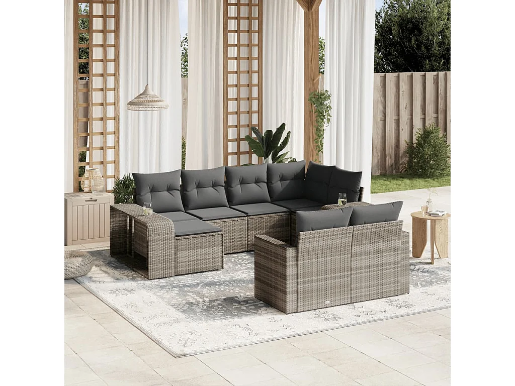 Set Divano Giardino 10 pz con Cuscini Grigio Chiaro Polyrattan