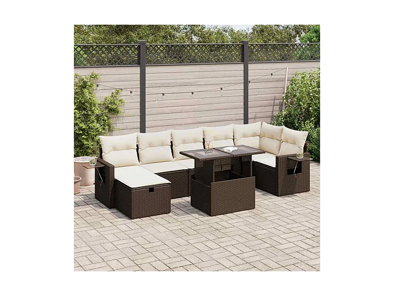 Salon de jardin 8 pcs avec coussins marron résine tressée