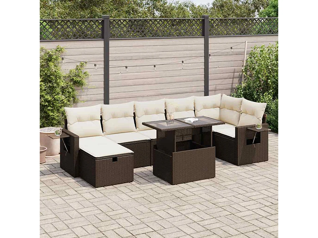 Salon de jardin 8 pcs avec coussins marron résine tressée