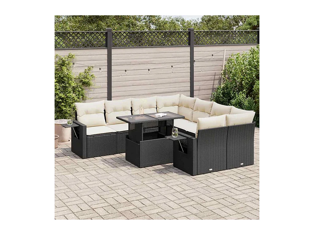 Salon de jardin 9 pcs avec coussins noir résine tressée