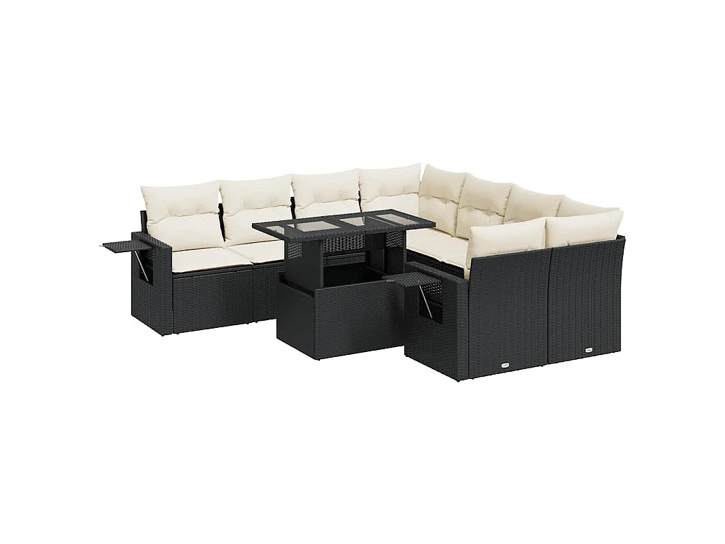 9-tlg. Garten-Sofagarnitur mit Kissen Schwarz Poly Rattan