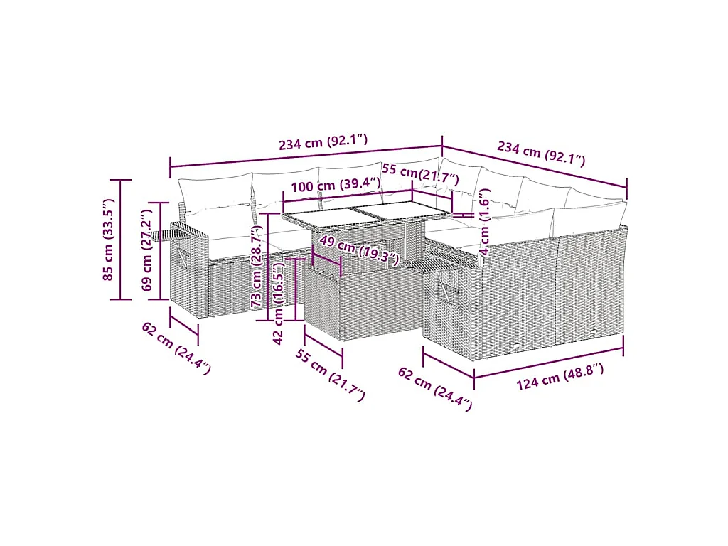 9-tlg. Garten-Sofagarnitur mit Kissen Schwarz Poly Rattan