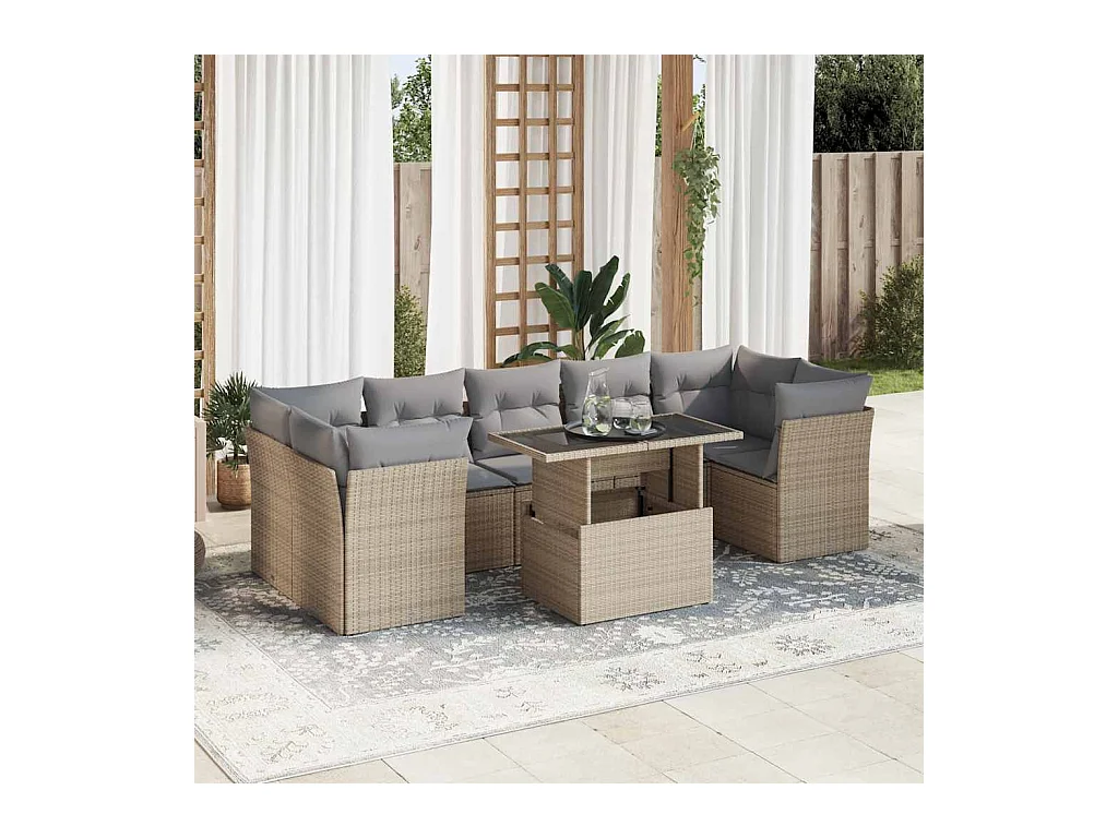 Salon de jardin avec coussins 8 pcs beige résine tressée