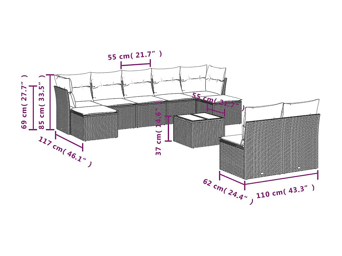 10-tlg. Garten-Sofagarnitur mit Kissen Braun Poly Rattan