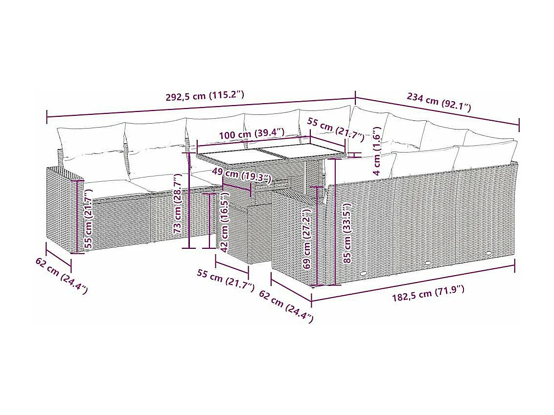 Salon de jardin 11 pcs avec coussins noir résine tressée