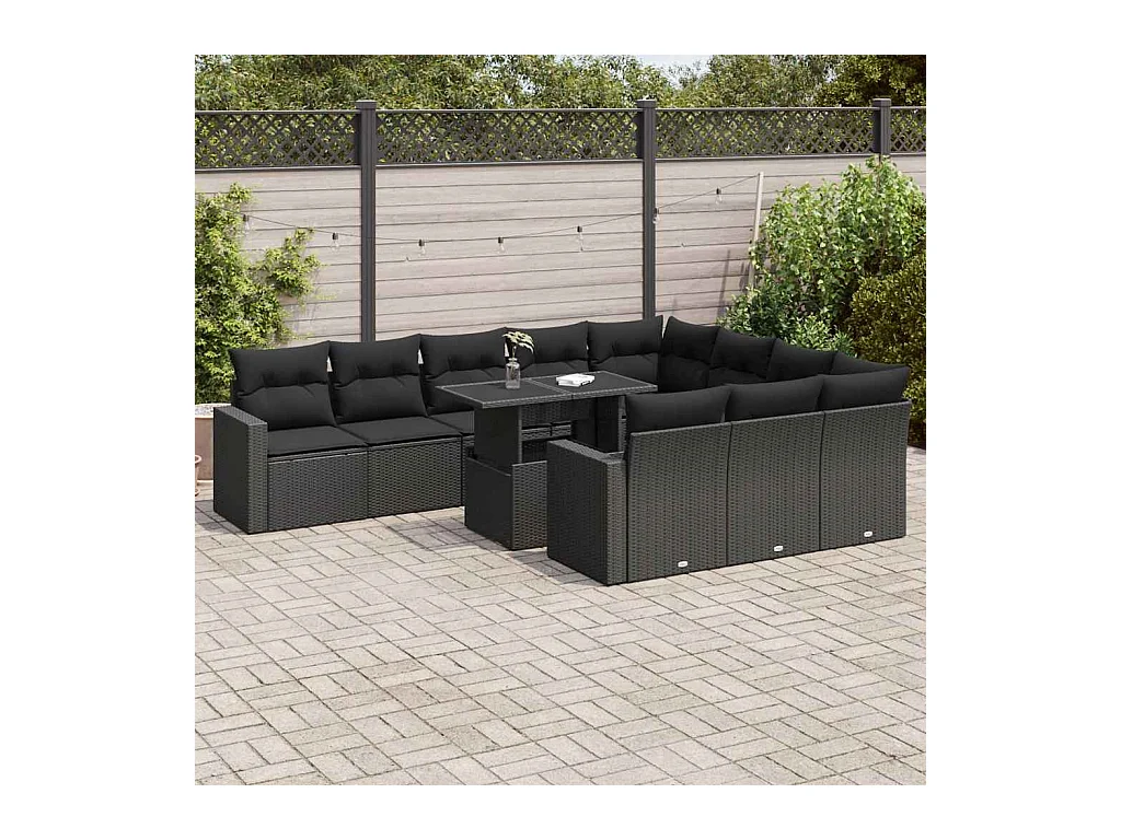 Salon de jardin 11 pcs avec coussins noir résine tressée